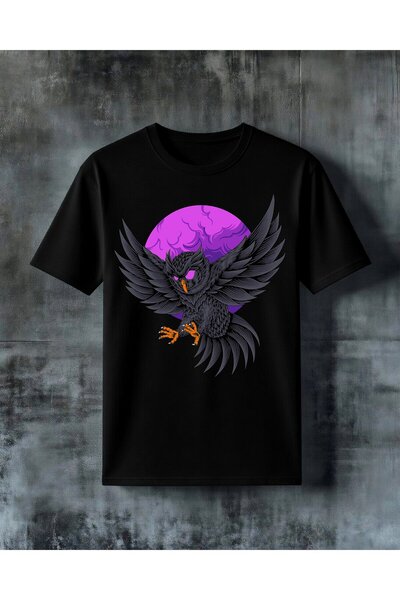 COMVİCHO Black Eagle Purple Moon Printed Oversize T-Shirt
