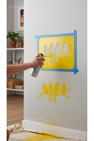 Major Hobi Kuş Desenli Stencil Şablon Duvar Mobilya Kumaş Boyama Kalıbı