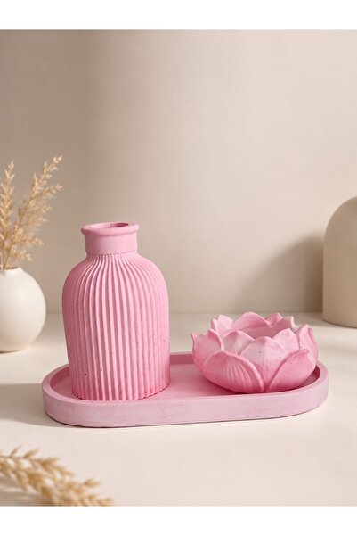 Dekor Pudra Pembe Dekoratif Vazo ve Lotus seti