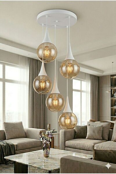 VENON Elora 5.li Sarkıt Yuvarlak ✨BEYAZ✨ BAL GLOP CAMLI ✨ Salon Avizesi Moder...