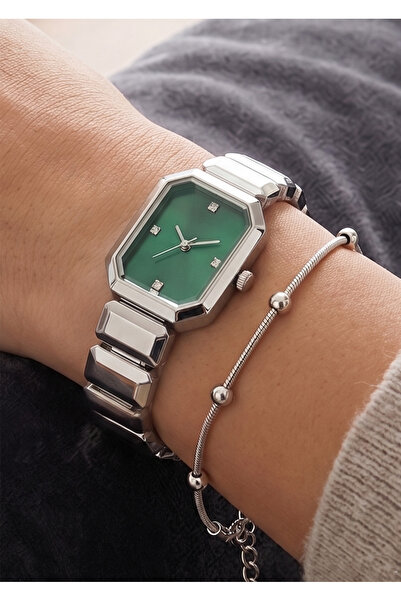 Duke Nickle Women's Silver Metal Cord Green Dial Cornered Wristwatch
