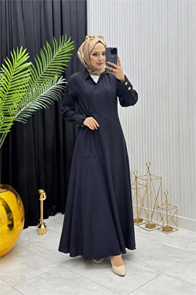 Neşeli Butik Women's Black Cuff Button Detailed Embellished Hijab Ferace Dress --- Nms097
