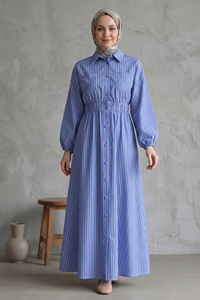 FERHEL Women's Front Buttoned Elastic Waist Striped Dress - Dark Blue