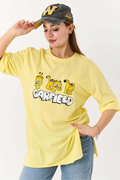 Raneel Kazançlı Alışveriş Kadın Garfield Baskılı Yanları Yırtmaçlı Bisiklet Y...