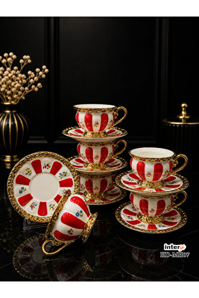 İnterlife Premium Gilded Floral Patterned Coffee Cup Set, Stylish Porcelain P...