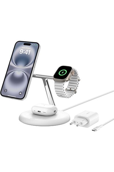 Belkin 3'ü 1 Arada Manyetik MagSafe Uyumlu Qi2 15W Kablosuz Şarj Standı, iPho...