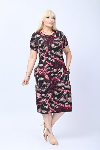modayız Large Size Short Sleeve Pocketed Flexible Summer Viscose Dress 7F-2793