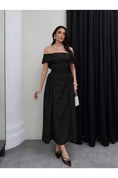 ÇEÇİM Women's Polka Dot Patterned Madonna Collar Midi Dress