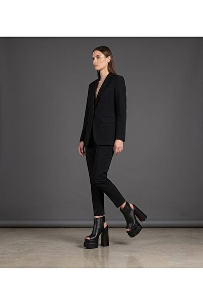 Tarz Topuklar Elaya Black Leather Double Platform Open Back Design Women's Shoes