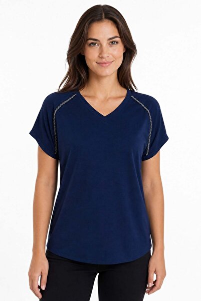 Desen Triko Tricou de damă cu decolteu în V și accesorii cu lanț, bleumarin