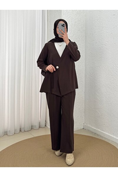 Holehola Şimşek Side-Tie Gold Buttoned Trousers Suit-Gs2418 Brown