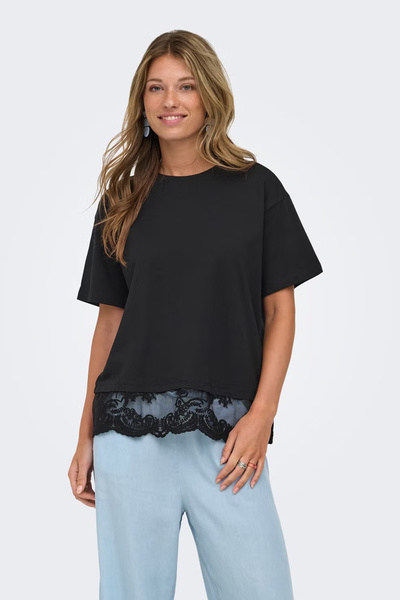 ONLY Onlvivvi Pamuklu Bisiklet Yaka Dantel Detaylı T Shirt T SHİRT 15385031