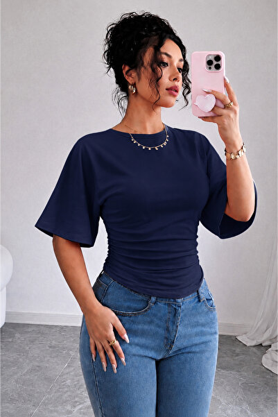 peri tower Women's Navy Blue Cotton Soft Fabric Blouse Draped Stylish Casual ...
