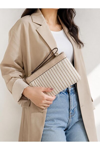 Nexora Collection Ecru Color Women's Canvas Clutch Model with Handle