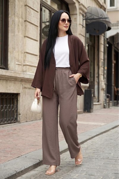 EBRUTESETTÜR Elastic Waist Pocketed Tencel Trousers Brown
