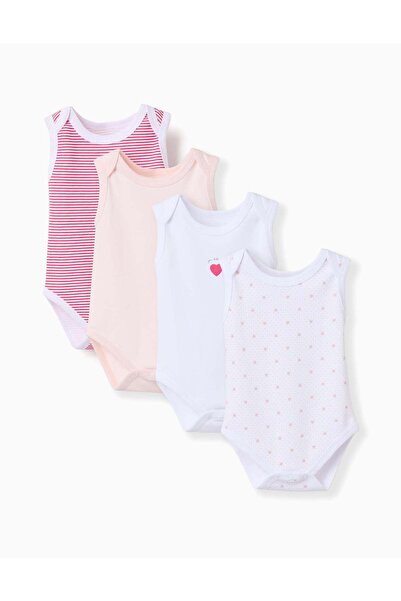 Ziddy 4 SleeveleBodysuits For Newborn And Baby Girls White Pink Red