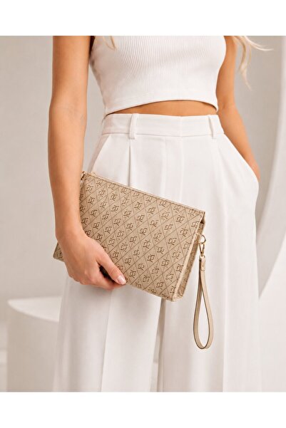 Timburly 3’lü Kadın Monogram Desenli Clutch Portföy Çanta Seti Krem Kahverengi Antrasit Fermuarlı Bilek Askılı El Çantası