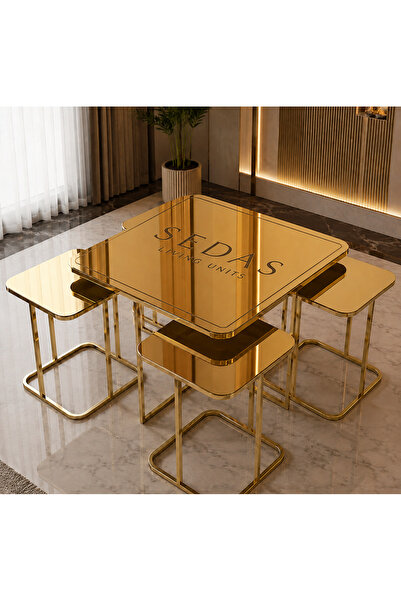 SEDAŞ LIVING UNITS Luxury Gold Aynalı Sehpa Takımı 4+1 5'li set_lüx_sedaslıvı...