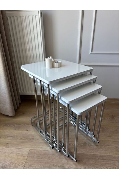 BENİCE HOME Lina Series Beyaz Metal Krom Tekerlekli 4'lü Zigon Sehpa