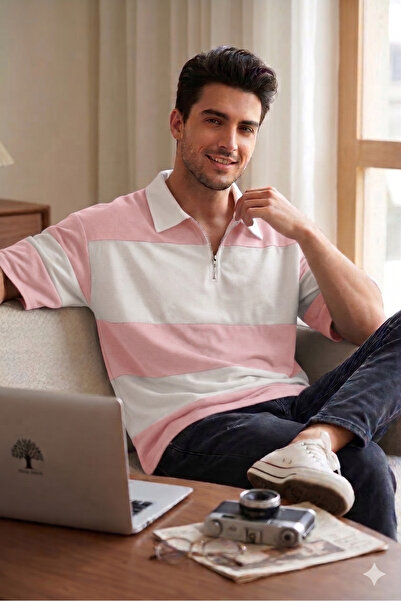 ALİ.COM Unisex Polo Collar Zippered Segmented Polo T-Shirt-Oversize Polo T-Shirt