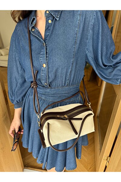 Tina İstanbul Leather strap linen mini hand and shoulder bag - dark brown