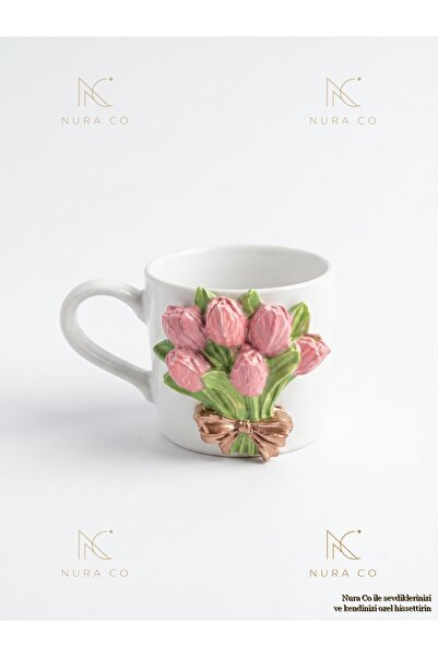 NURA CO فنجان قهوة تركي من السيراميك المنقوش بتصميم باقة زهرة التوليب الوردية...