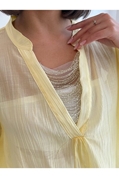 CrepTekstil Crep Women's Beaded Detailed Bat Sleeve V-Neck Loose Chiffon Blou...