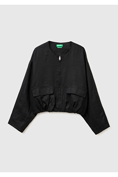 United Colors of Benetton Women's Black 100% Linen Bomber Jacket with Front P...