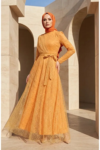 sefamerve Silvery Tulle Detailed Belted Hijab Evening Dress 5704-07 Mustard