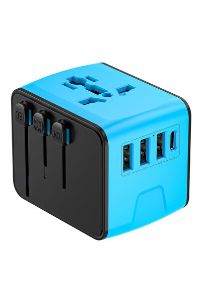 Choice محول سفر عالمي أزرق اللون، سريع الشحن 3.4 أمبير، 4 منافذ USB، منفذ Typ...