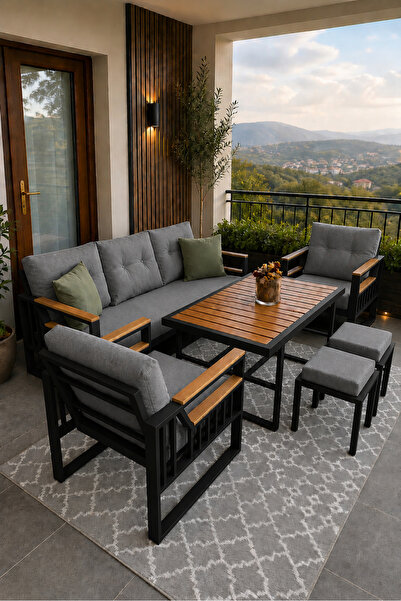 Rovena ESİNTİ Balkon Takımı, SİYAH Bahçe Takımı 5+1 (Masa 70x110 3lü Koltuk 7...
