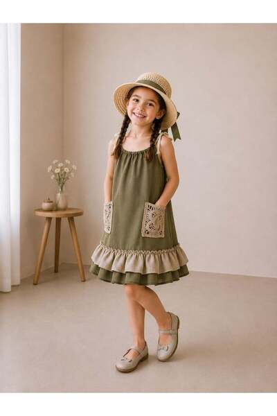 zepkids Girl's Dress with Pockets and Ruffle Detail, Khaki Color, Summer Model