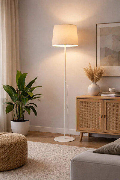 Luna Lighting Lucca Model Krem Metal Ayaklı Bohem Lambader 145 cm Kumaş Başlıklı Salon Yatak Odası Köşe Aydınlatma