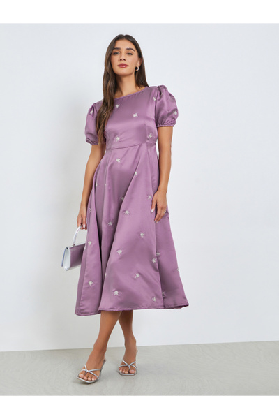 Styli Purple Embroidered Satin Midi Dress