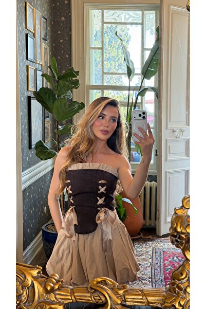 Laluvia Set fustă balon cu corset din denim maro - 7914
