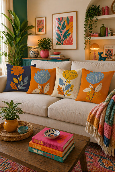 LadiesHome Orange Navy Blue Floral Patterned 4-Piece Throw Pillow Cover 43X43...