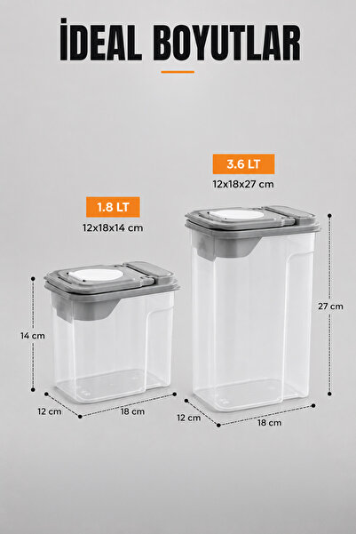 Vienev 6'lı Erzak Saklama Kabı Seti 4x1.8L + 2x3.6L Şeffaf Gri Kapaklı Bakliyat Düzenleyici Organizer