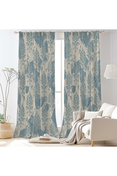 Hanna Home Mavi Gri Turkuaz Floral Desenli Kadife Görünümlü Salon Fon Perde