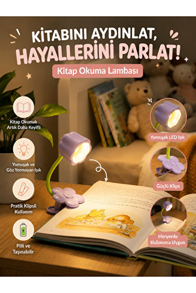 BENİMOLMALI Ledli Klipsli Çiçek Okuma Lambası Mandallı Pil Hediyeli Işık Masa...