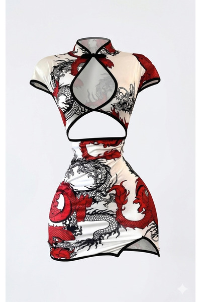 Köstebek Dragon Motif Window Detailed Striped Qipao Dress
