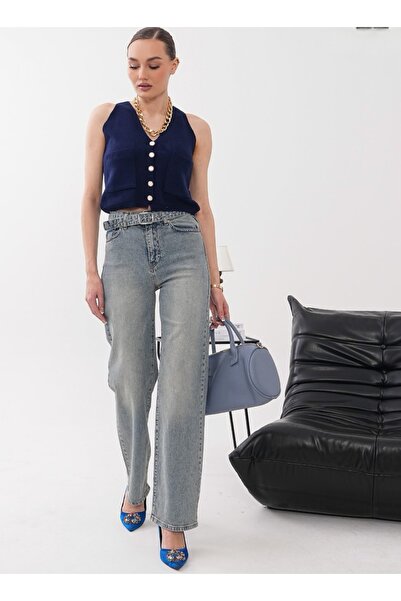 Budan Export Women's Belted High Waist Wide Leg Vintage Jeans