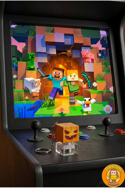 Babun Oyuncak Minecraft Balkabağı Temalı RGB Işıklı Mekanik Klavye Tuşu Stres Oyuncağı Anahtarlık Ledli