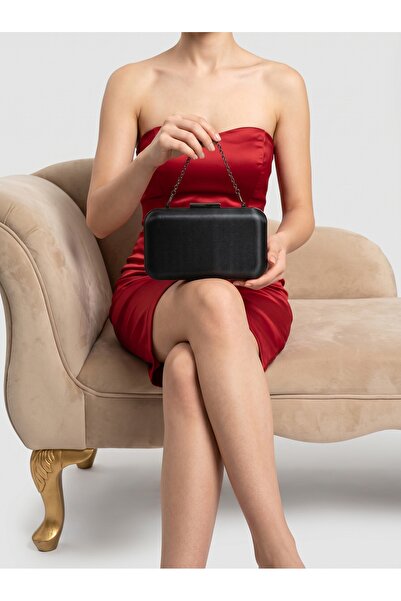 Biçanta Black Matte Satin Women's Evening Dress Bag Black Metal and Chain Wed...