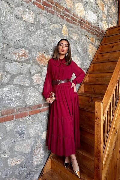 Caddebostan Moda Chiffon Long Dress with Scarf Collar Detail