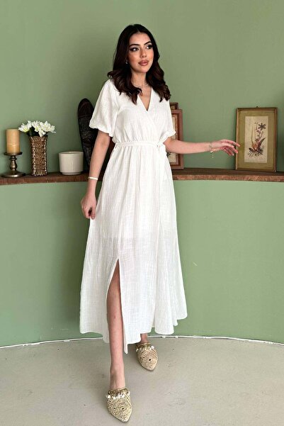 Caddebostan Moda Double-Breasted Collar Muslin Linen Dress with Tie Waist and...