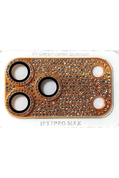 GM iPhone 17 Pro Max Uyumlu Kamera Koruma Lensi Kristal Taşlı Alüminyum Turuncu