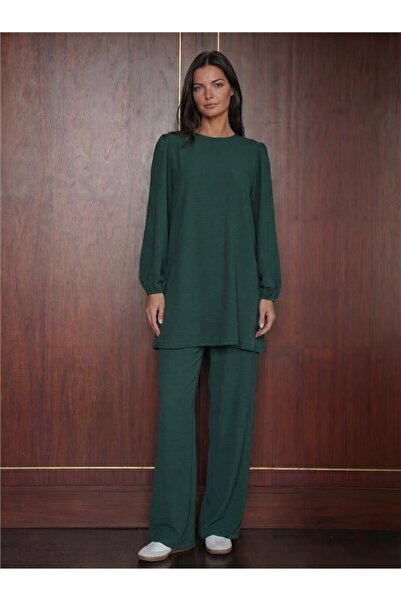 WeShaya Emerald Green Stretchy Fabric Crew Neck Long Sleeve Tunic Pants Set w...