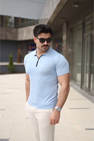 Efnaz style Men's Polo Collar T-Shirt with Zipper Detail - XL - Blue