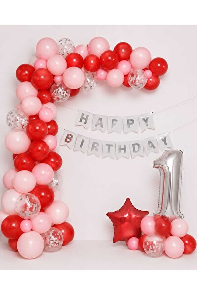 Kırmızı Toz Pembe Doğum Günü Konsepti 60 Adet Balon