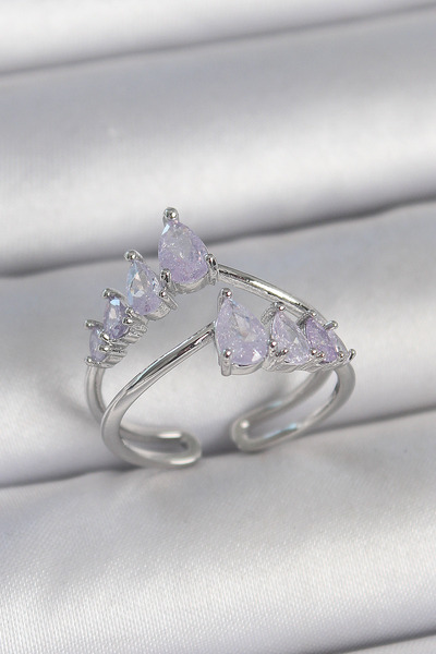 MEKs Brass Silver Color Purple Drop Zircon Stone Crown Model Women's Ring 588...